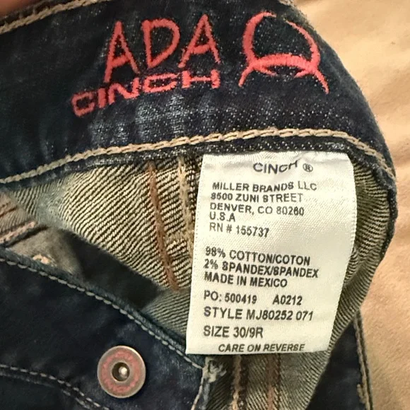 Women’s Cinch Dark Blue Denim with tan/brown Stitching, size 30/9R. - Picture 2 of 4